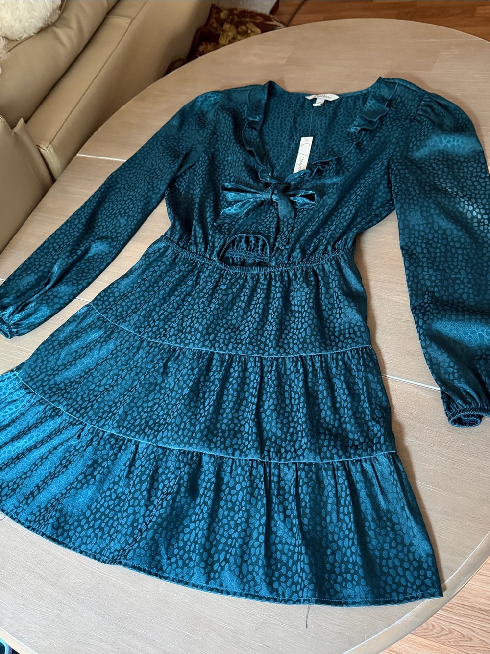 NWT Speechless Teal Jacquard Ruffle Tie Front Cutout Tiered Lightweight Dress L